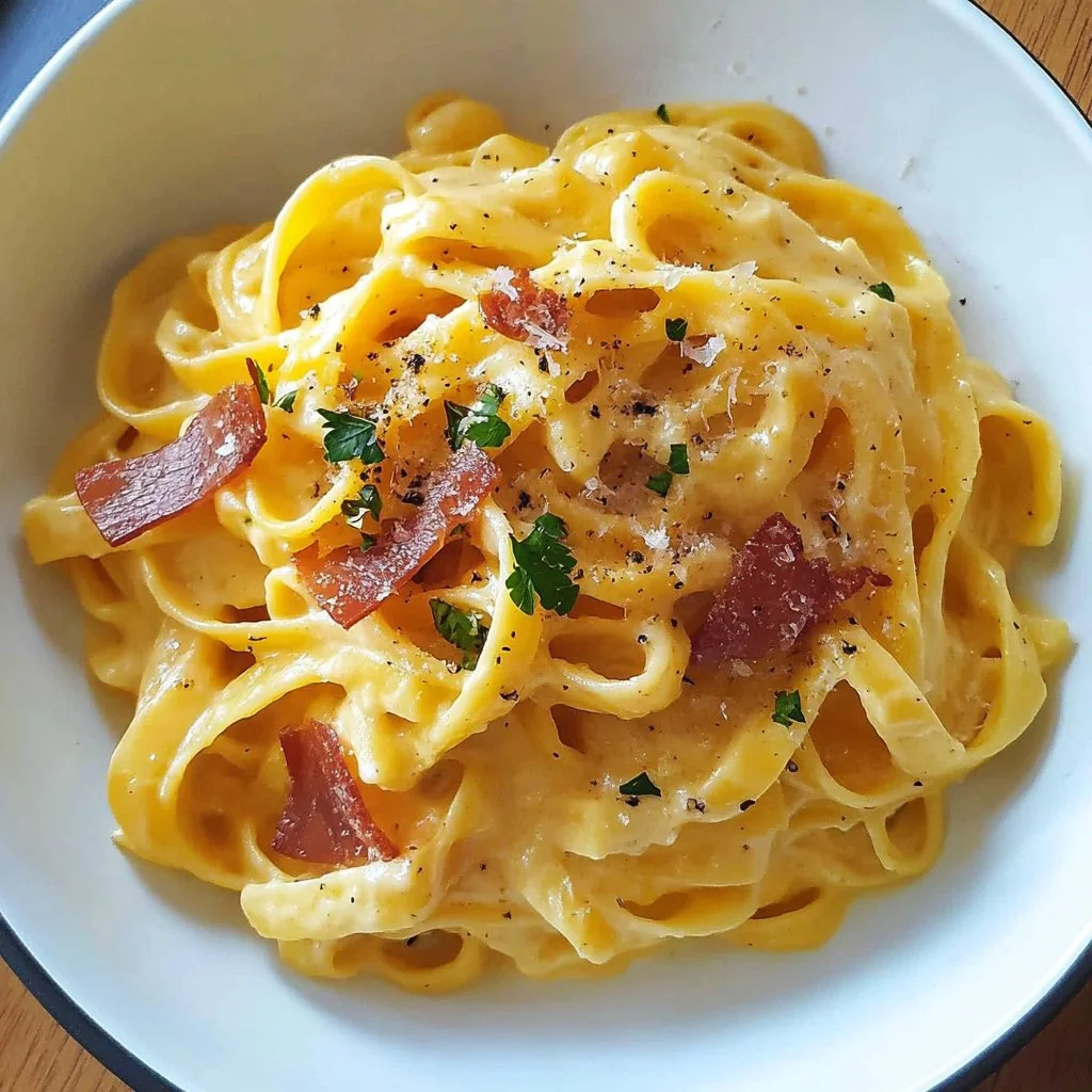 Creamy Pumpkin Alfredo Pasta with Crispy Prosciutto