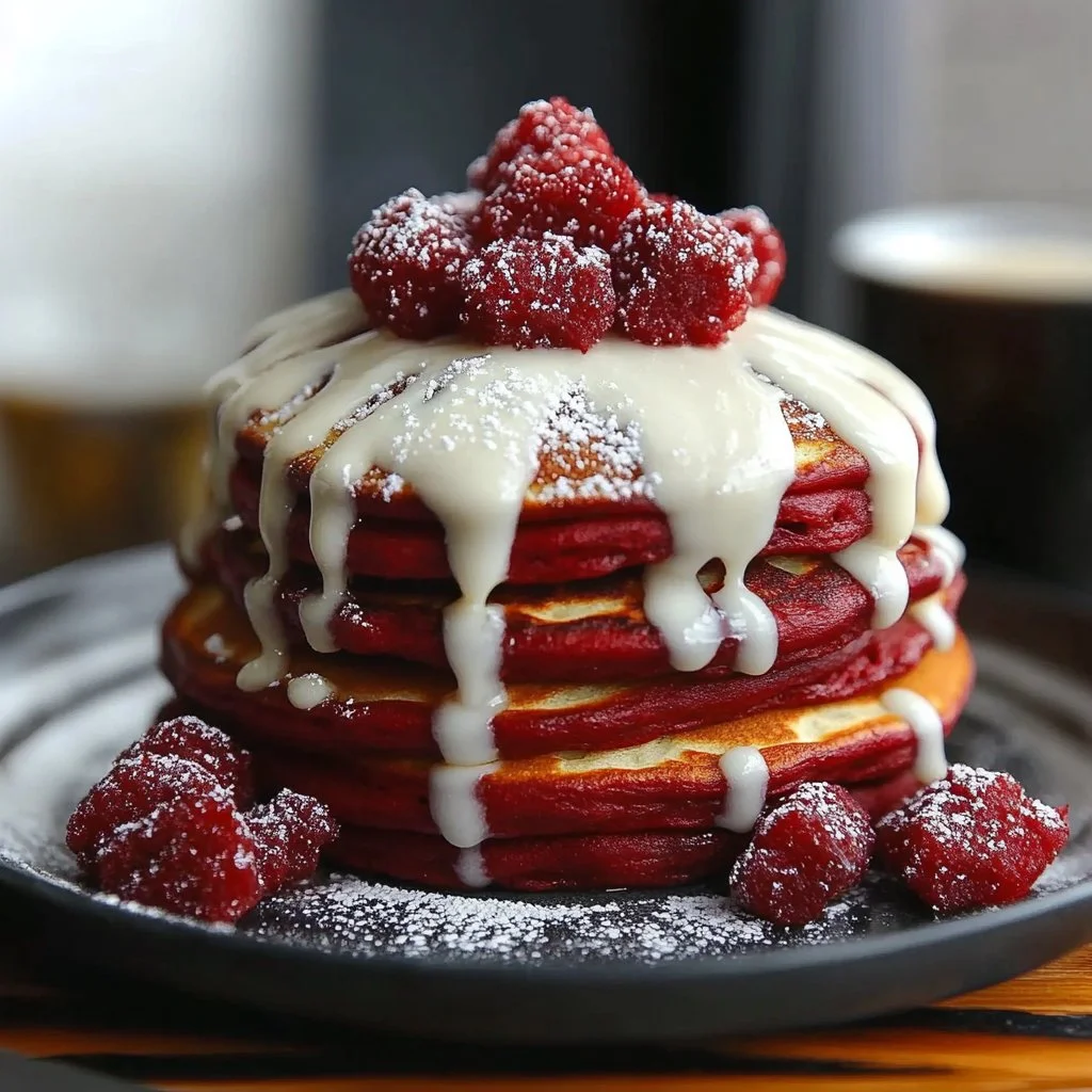 Red Velvet Pancakes with Cream Cheese Drizzle