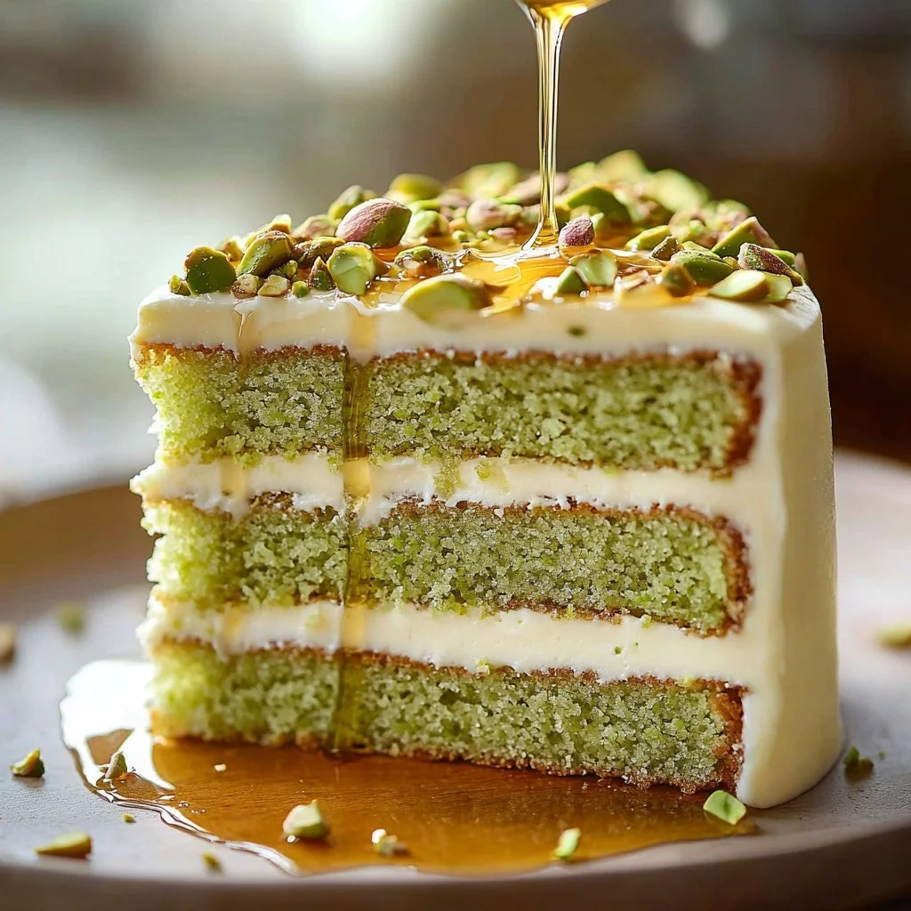 Pistachio Bliss Cake with Dripping Honey
