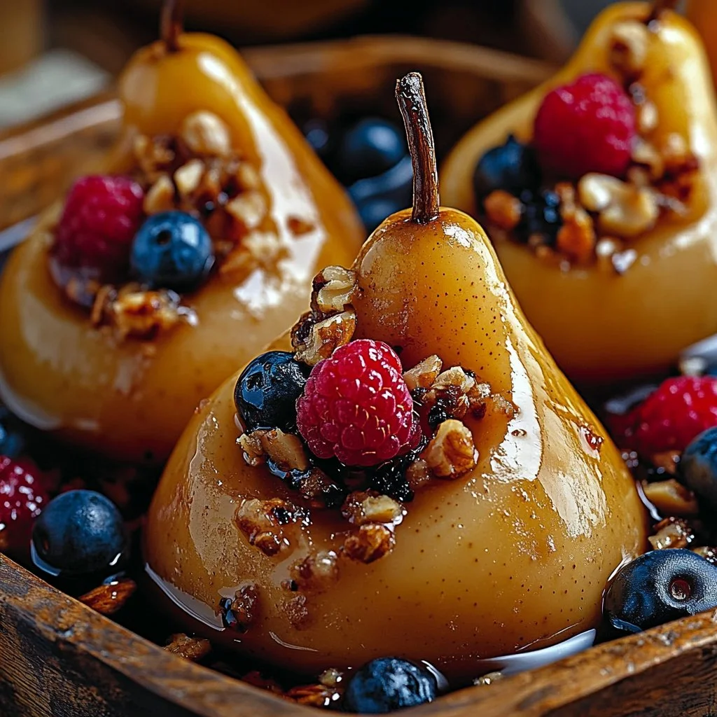Baked Pears with Berries, Honey, Walnuts & Blue Cheese