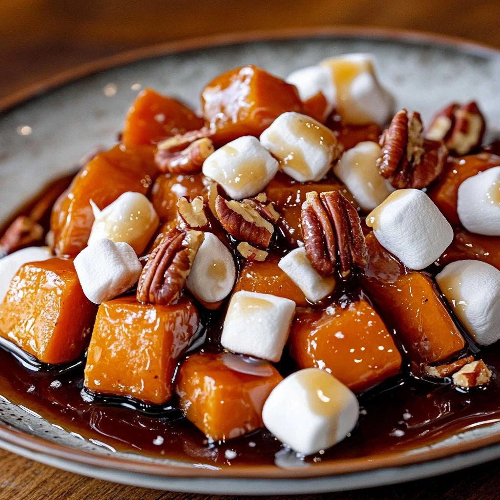 Caramelized Sweet Potato Bites with Marshmallows and Pecans