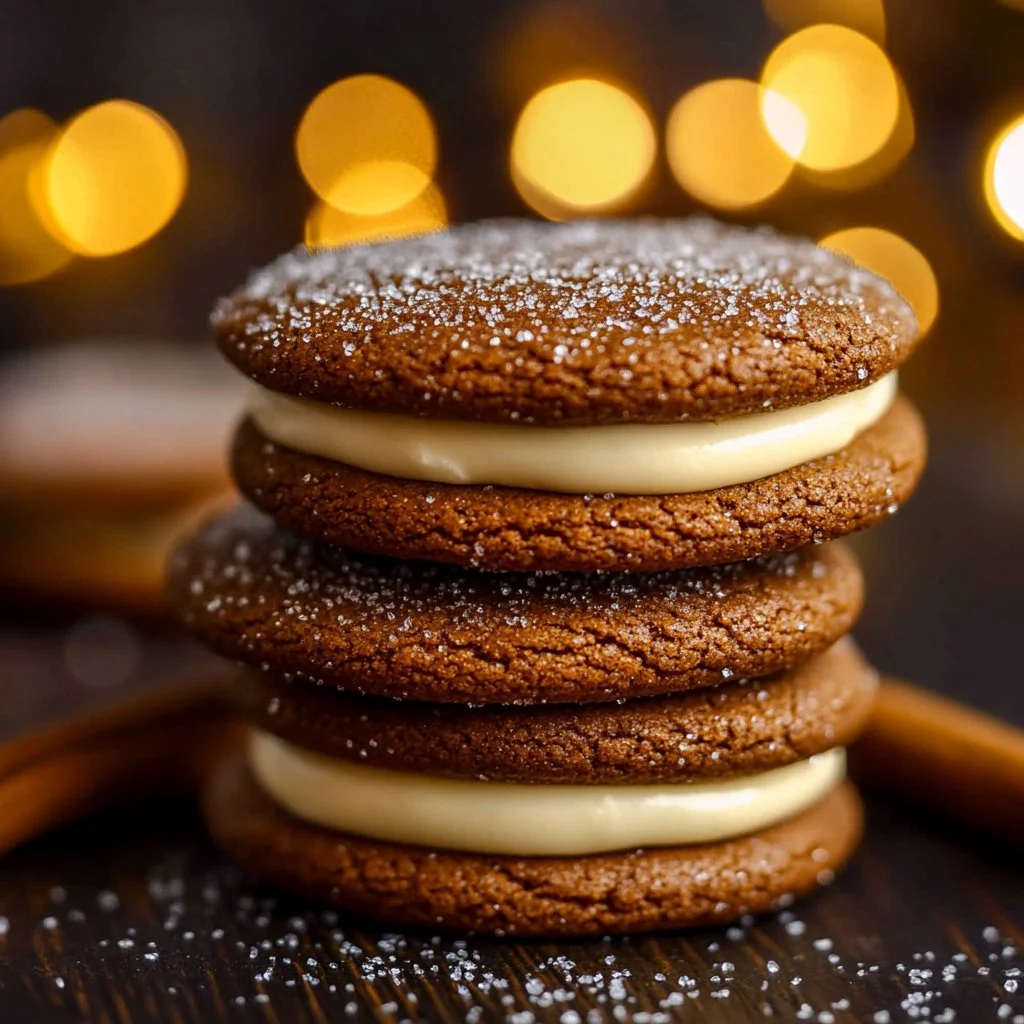 Ginger Molasses Sandwich Cookies with Eggnog Frosting