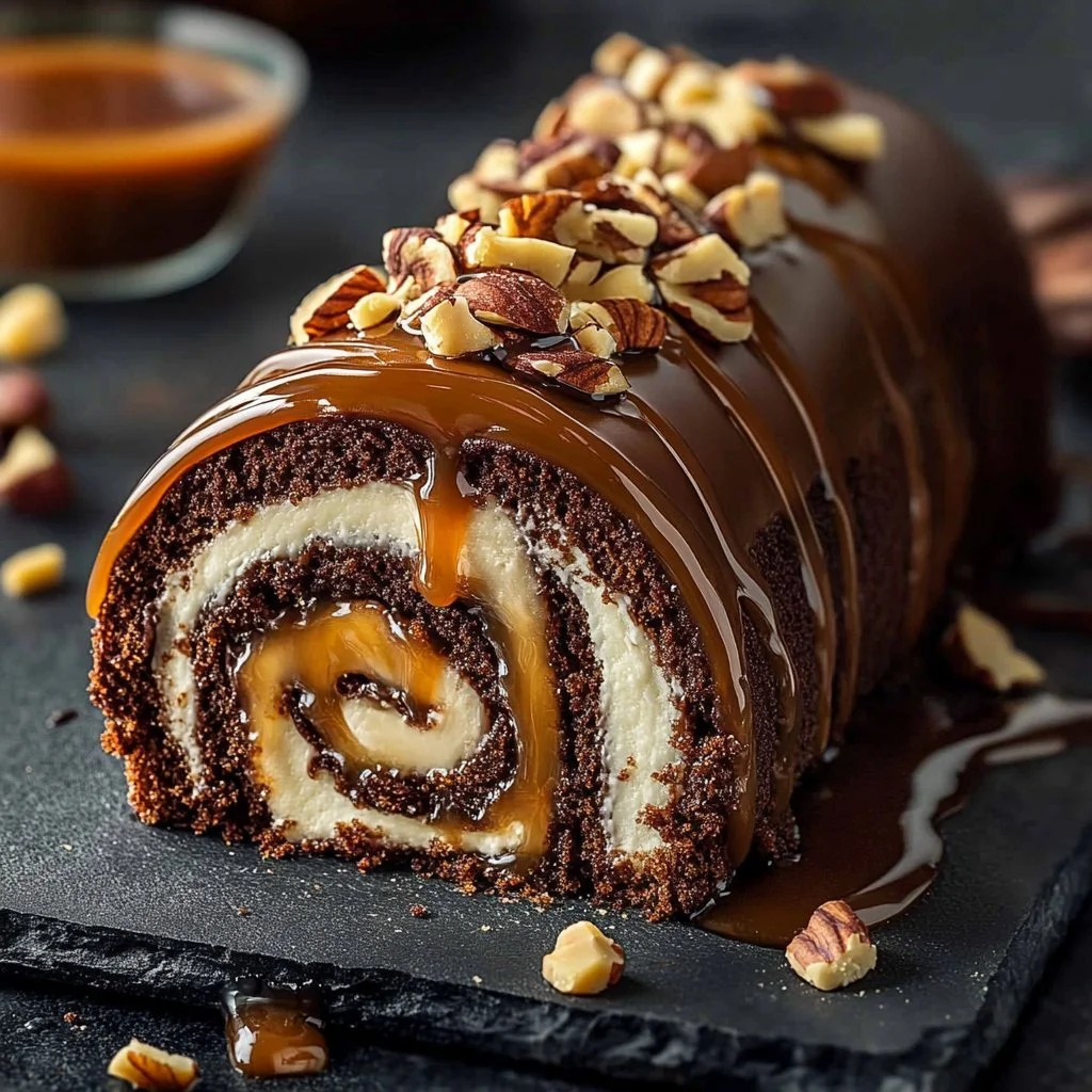 Turtle Caramel Chocolate Cake Roll